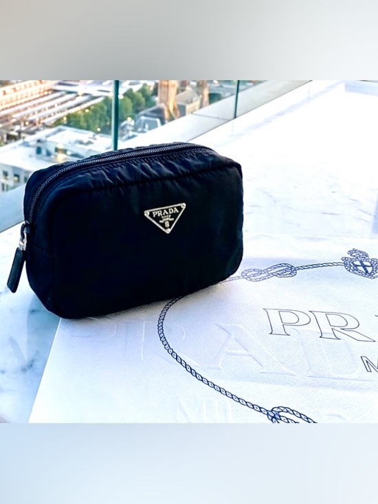 Prada Handbags - Authentic Prada Nylon Cosmetic Pouch – Tessuto Black Triangle Logo W/COA